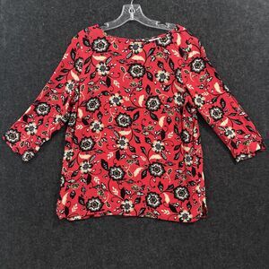 J Jill Shirt Women's Small Red Floral 3/4 Sleeve Blouse Top Casual Boho